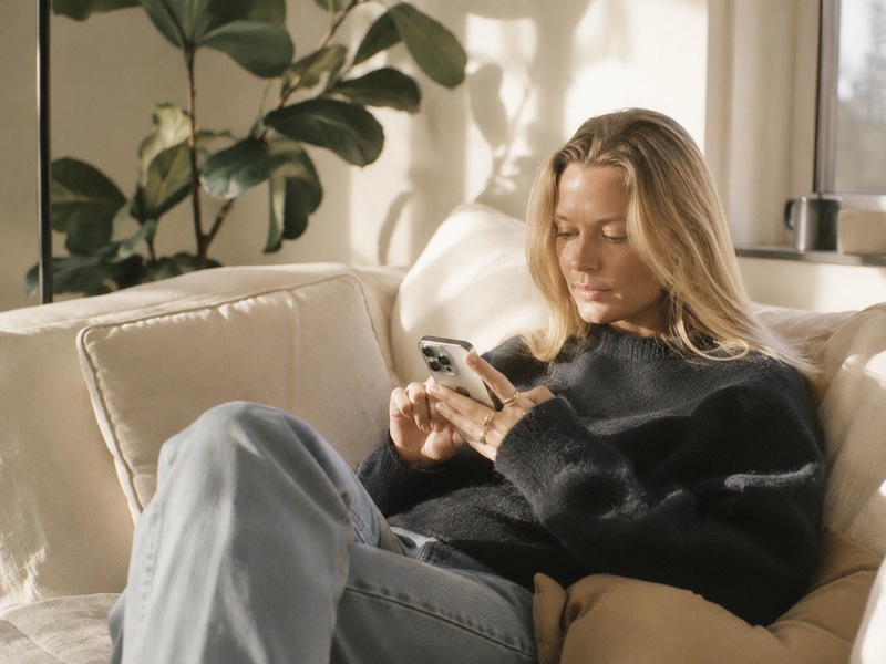 Kvinna sitter i en soffa och använder sin mobiltelefon.