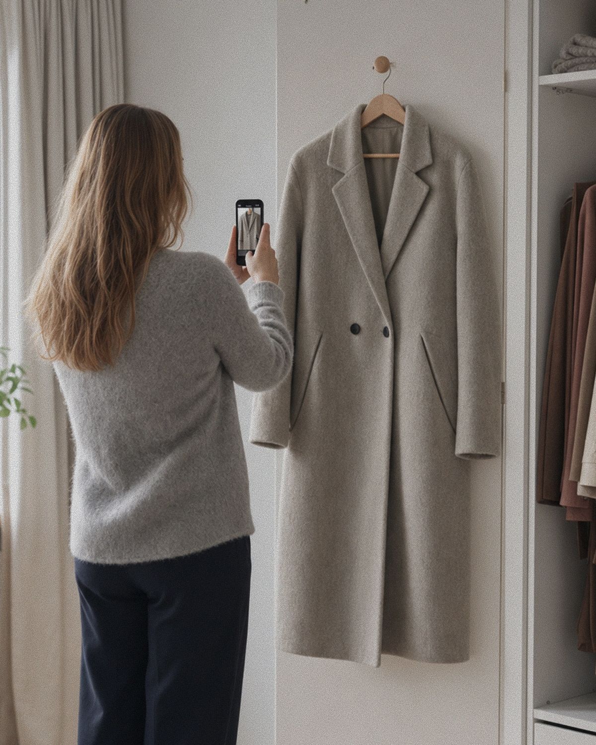 En person fotograferar en grå vinterkappa som hänger på en dörr.