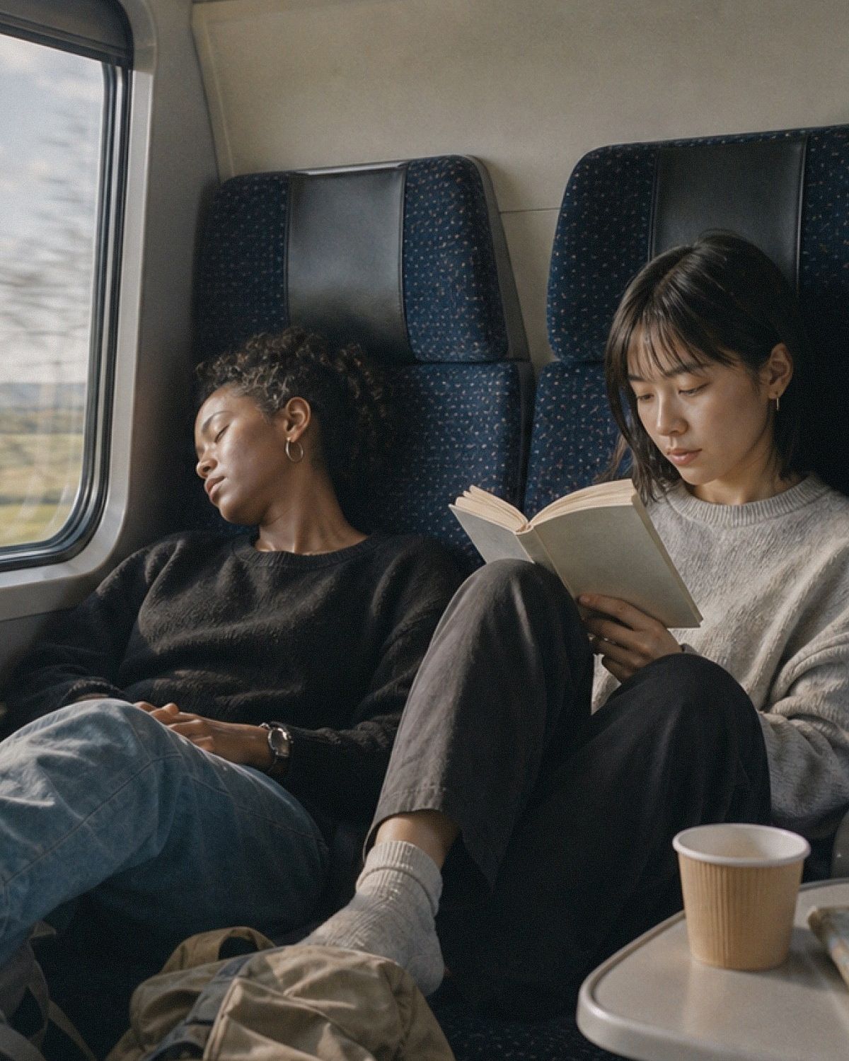 Två kvinnor åker tåg, en sover och en läser en bok