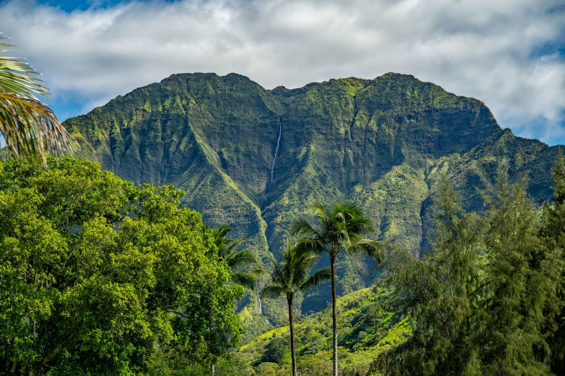 Steep emerald mountain ridge above Hanalei with a thin waterfall down the center, framed by palms and dense tropical trees under broken clouds.