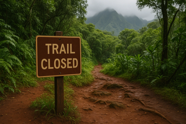 Trail Closed sign in front of a lush forest trail.