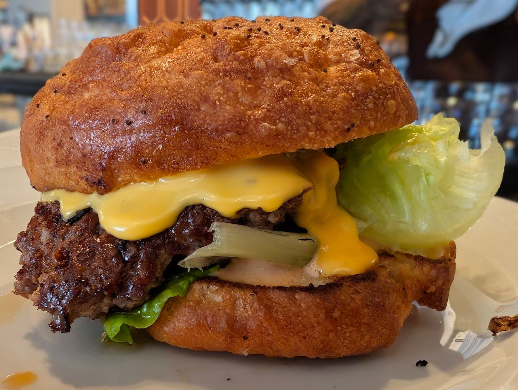 A Merriman's Honolulu burger served on a house-style bun.