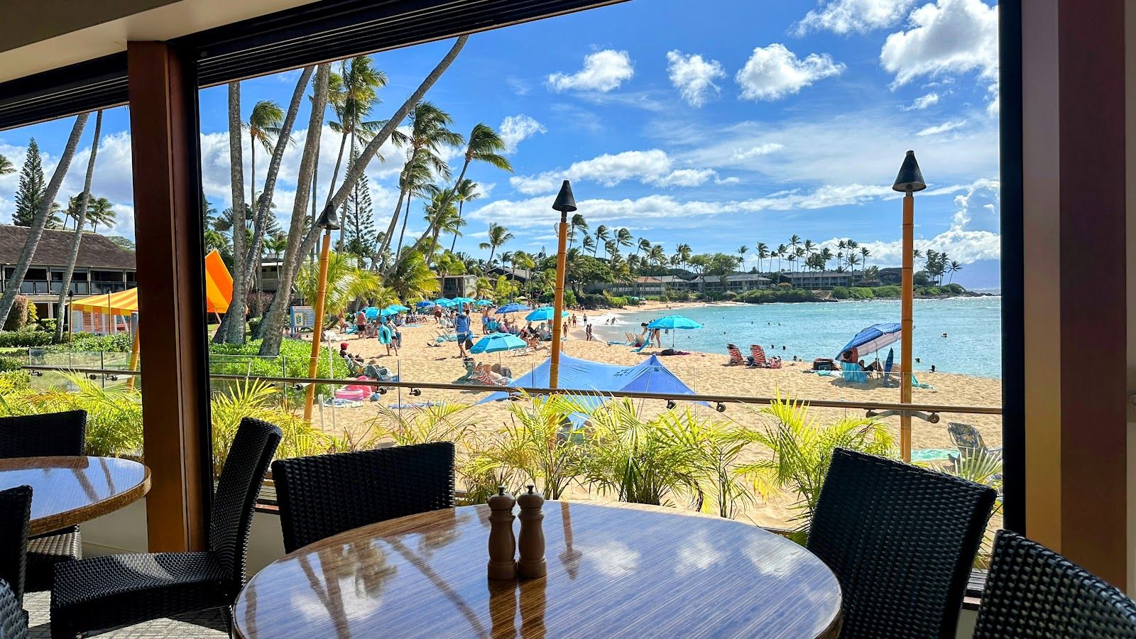 View from inside the Sea House Restaurant on Maui out towards the beach