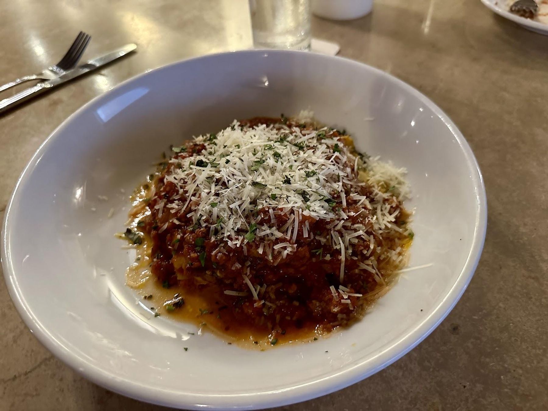a pasta dish with red sauce and parmesan