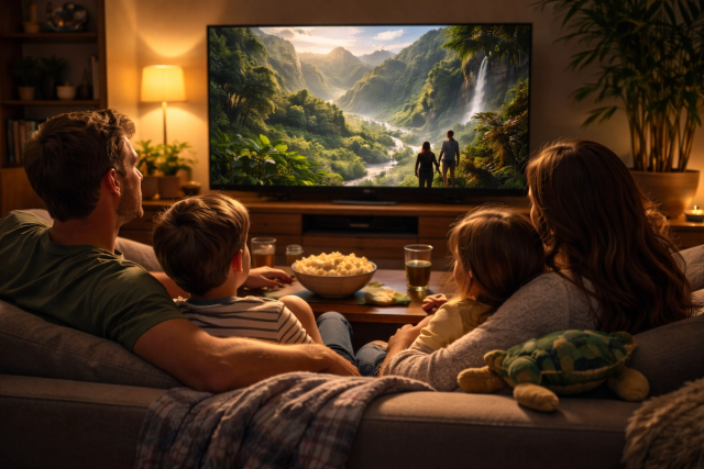 a family gathers around the TV to watch a movie