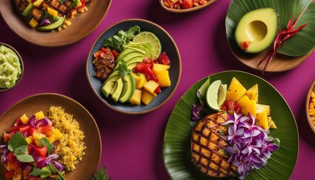 A colorful plant-forward meal with fresh vegetables, dips, and sides