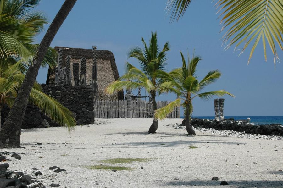 Palm trees on a sandy beach beside a stone-walled thatched structure and wooden fence, with the ocean in the background in South Kona on Hawaiʻi Island.
