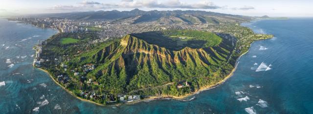 Aerial view across the volcanic tuff cone of Lēʻahi, also known as Diamond Head, on Oʻahu.