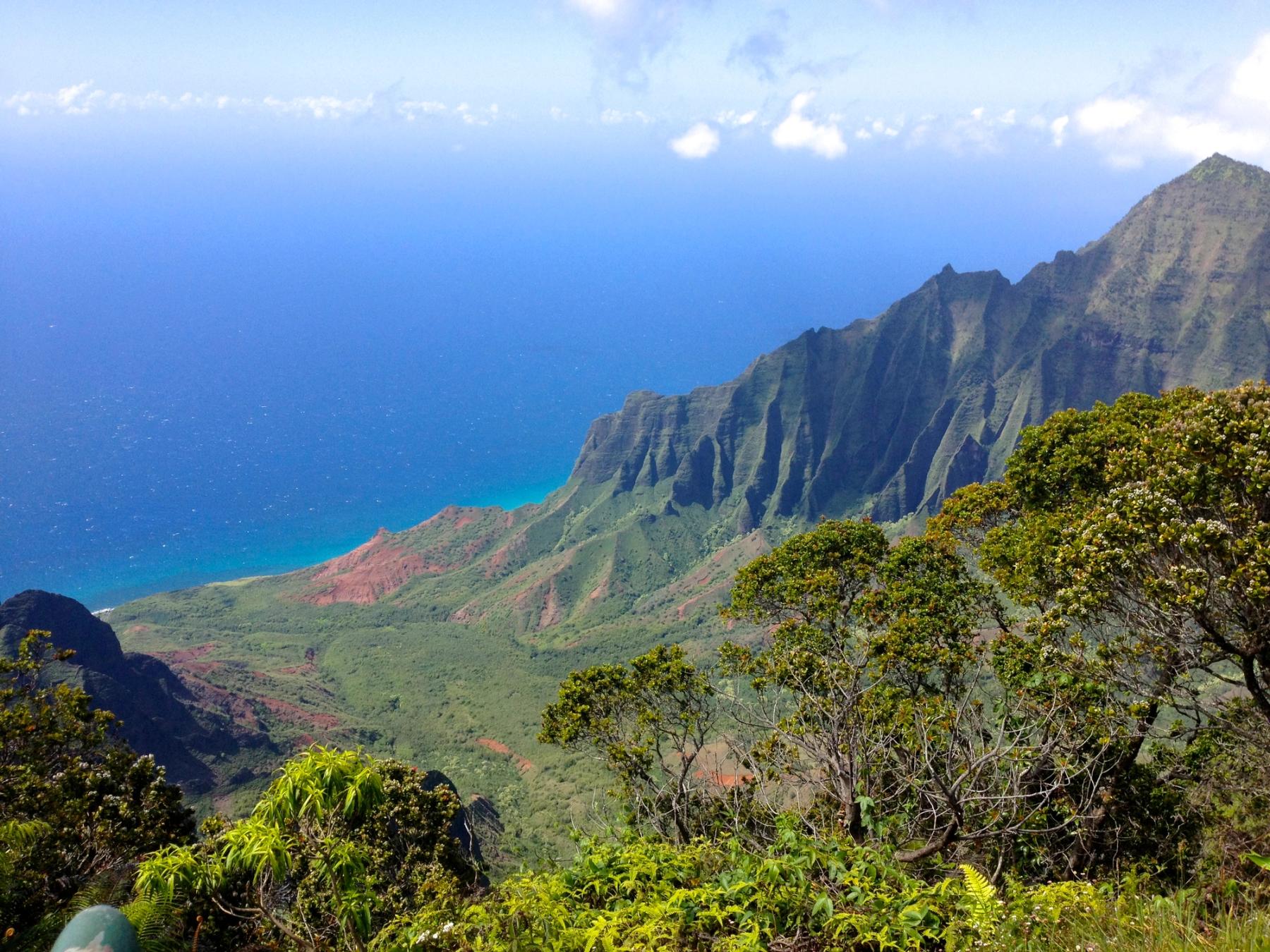 a view of the Kalalau Valley from the Kalalou Lookout