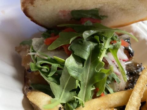 Gourmet burger topped with fresh arugula and melted cheese served with crispy fries