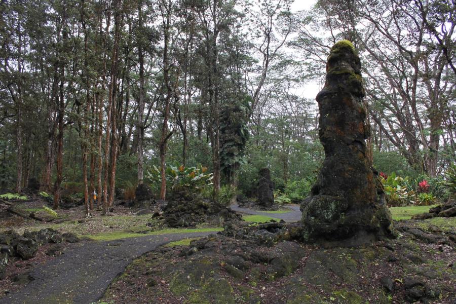 Winding paved paths weave through a forest of tall trees and tropical plants, with moss-covered lava rock formations in Pāhoa on Hawaiʻi Island.