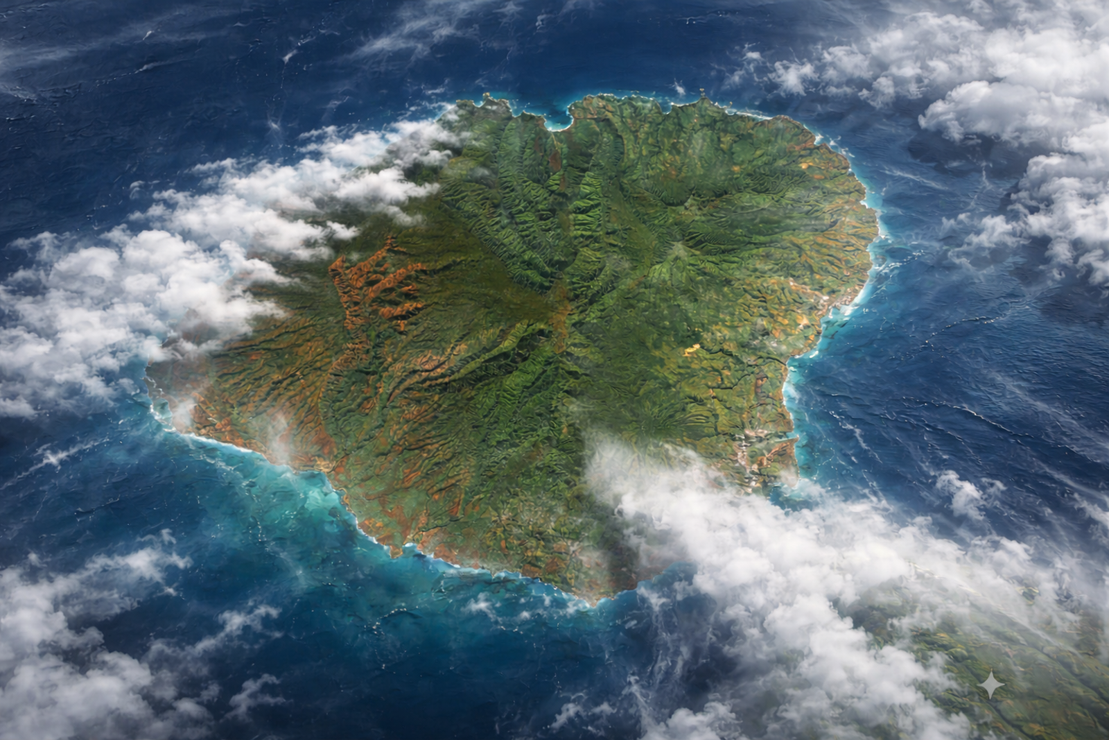 Satellite view of Kaua'i with it's ever-present clouds