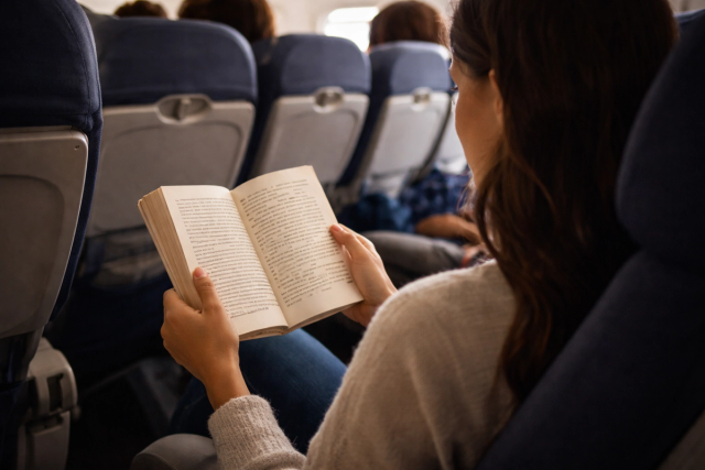 A woman reading a book on an airplane