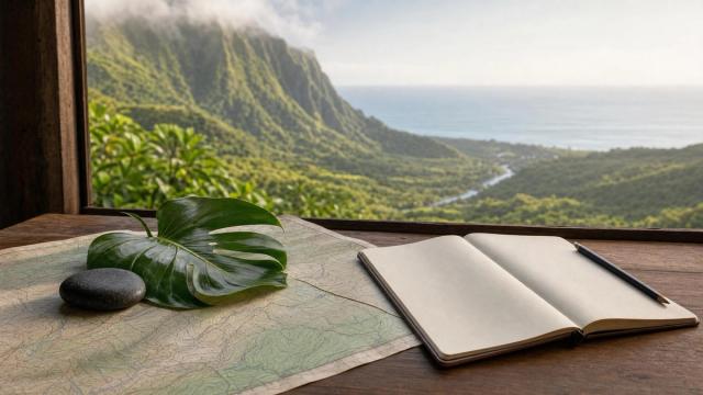 Map, notebook, pencil, leaf, and stone sit on a wooden table overlooking green mountains, a valley river, and the ocean.