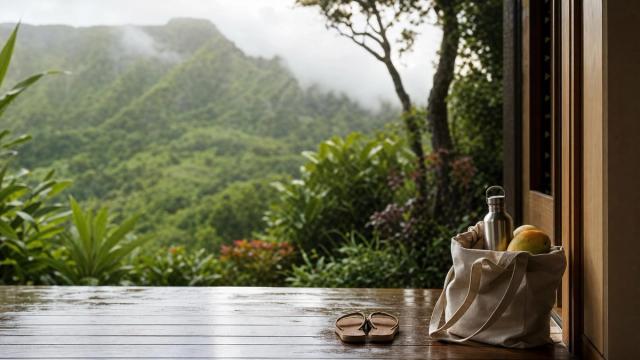Wet wooden deck with sandals and a canvas tote holding a metal bottle and fruit, overlooking misty green mountains.