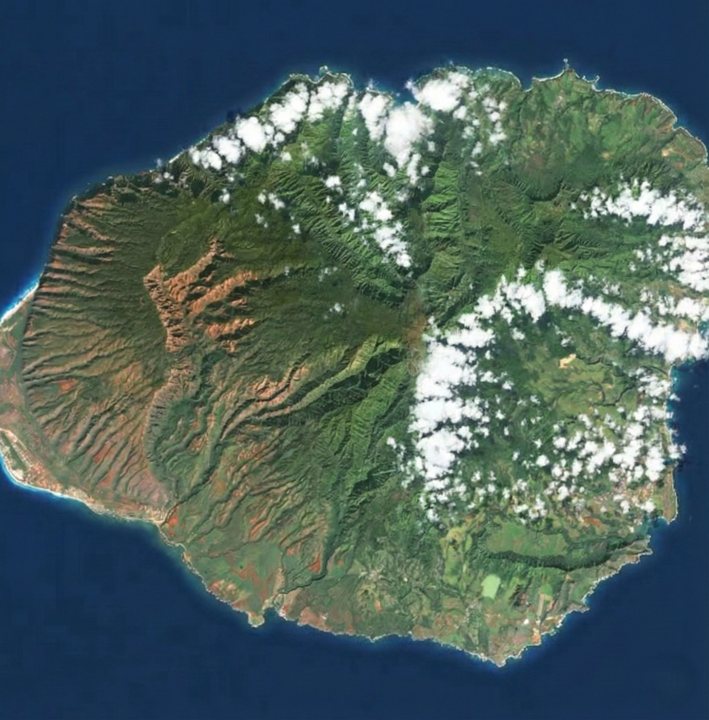 satellite view of Kaua'i during typical trade winds weather pattern