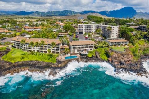 Poipu Shores resort and coastline from above