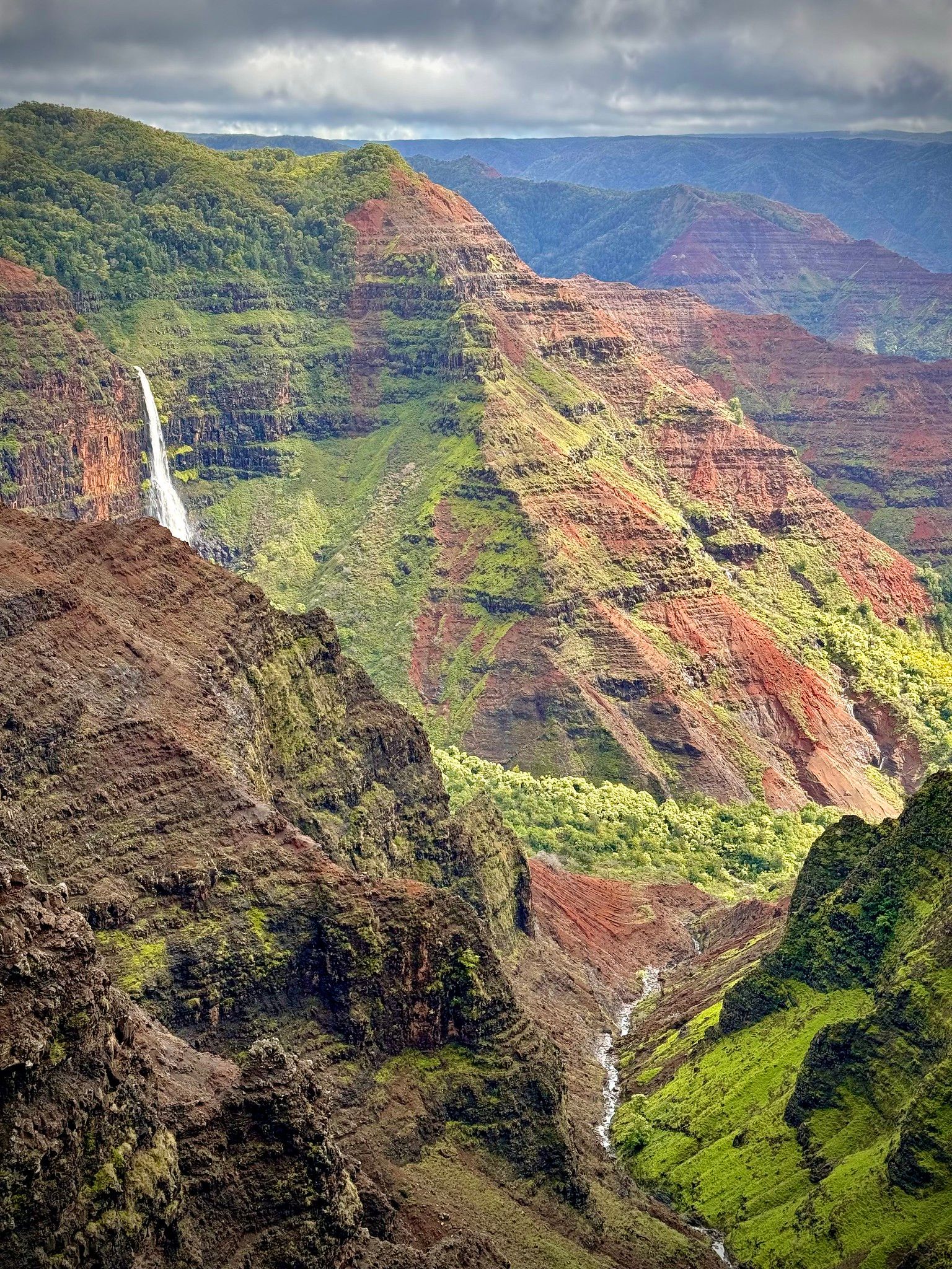 Layered red-and-green Waimea Canyon ridges with a tall waterfall on the left and a winding stream below under cloudy skies