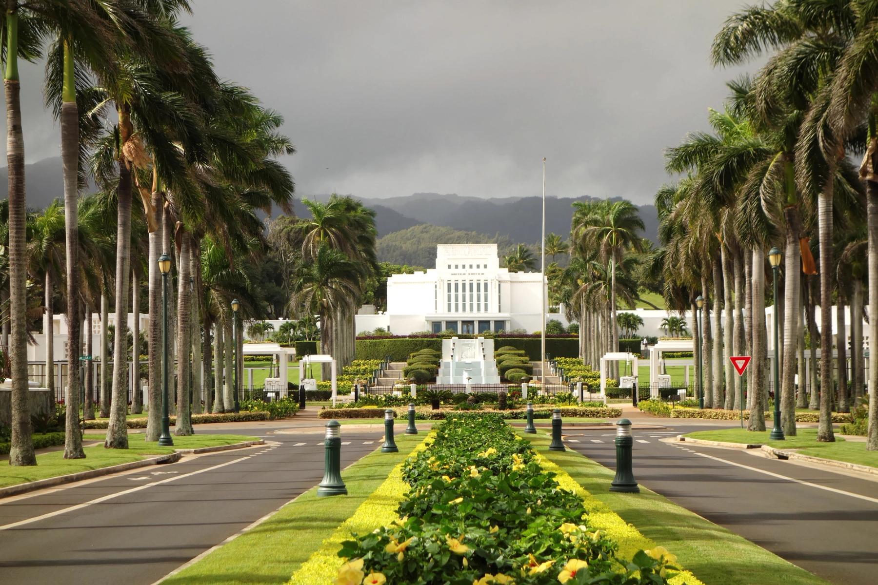 Palm-lined roadway with landscaped median leading to a white temple building in Lāʻie, Oʻahu, with mountains under a cloudy sky.