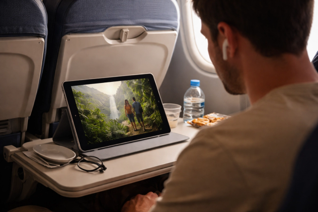 a man watches a movie on a tablet during his flight