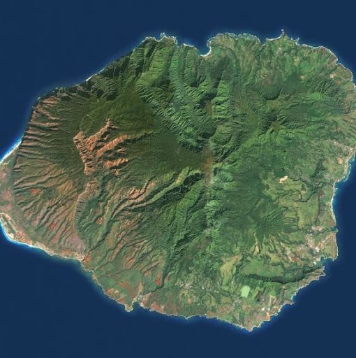 satellite view of Kaua'i on an extremely rare cloudless day