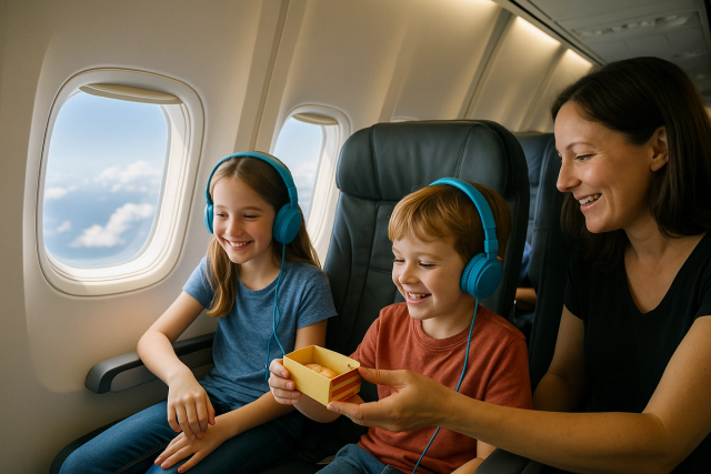 two kids with mom on an airplane