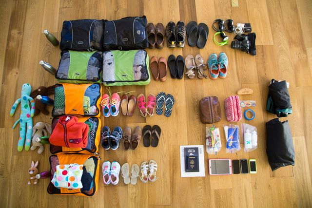 clothes laid out on the floor ready to be packed into luggage