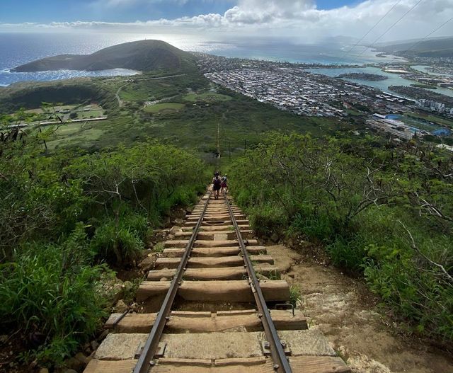 The steep Koko Crater Stairs climbing toward an open Oahu ridgeline.