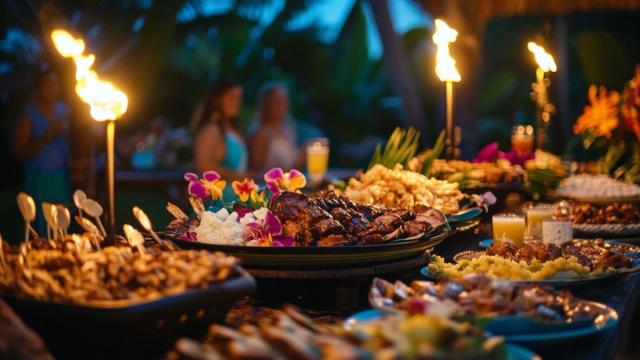 a spread of food at a luau