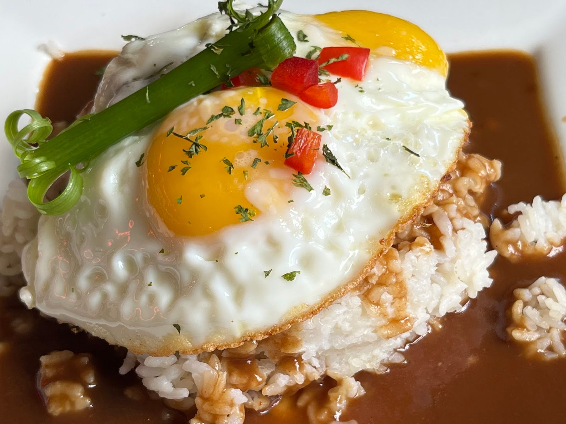 a plate of loco moco from Uncle Bo's in Haleiwa