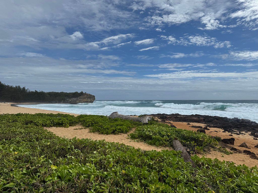 Low green shrubs on sandy dunes leading to a lava-rock shoreline and breaking waves under a partly cloudy blue sky at Poʻipū