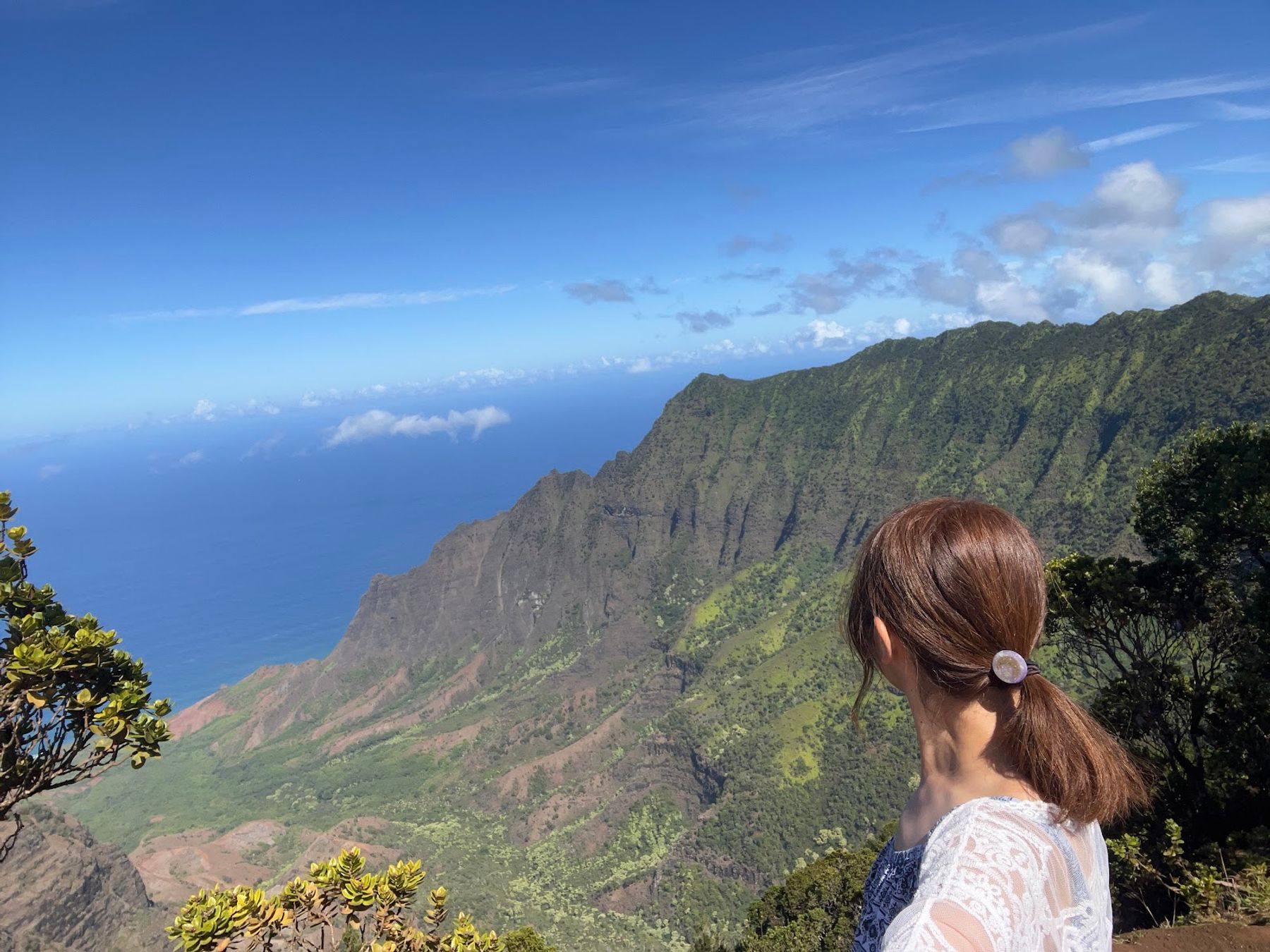 Hiker taking in the breathtaking view of Kalalau Valley from the lookout, with dramatic green cliffs dropping to the ocean