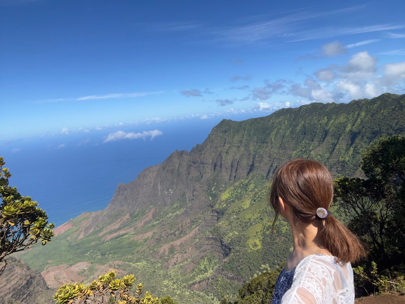 Hiker taking in the breathtaking view of Kalalau Valley from the lookout, with dramatic green cliffs dropping to the ocean