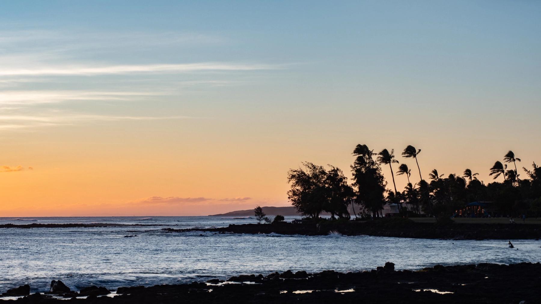 Pastel sunset over the ocean with palm tree silhouettes on a rocky Poʻipū shoreline and a low headland on the horizon.