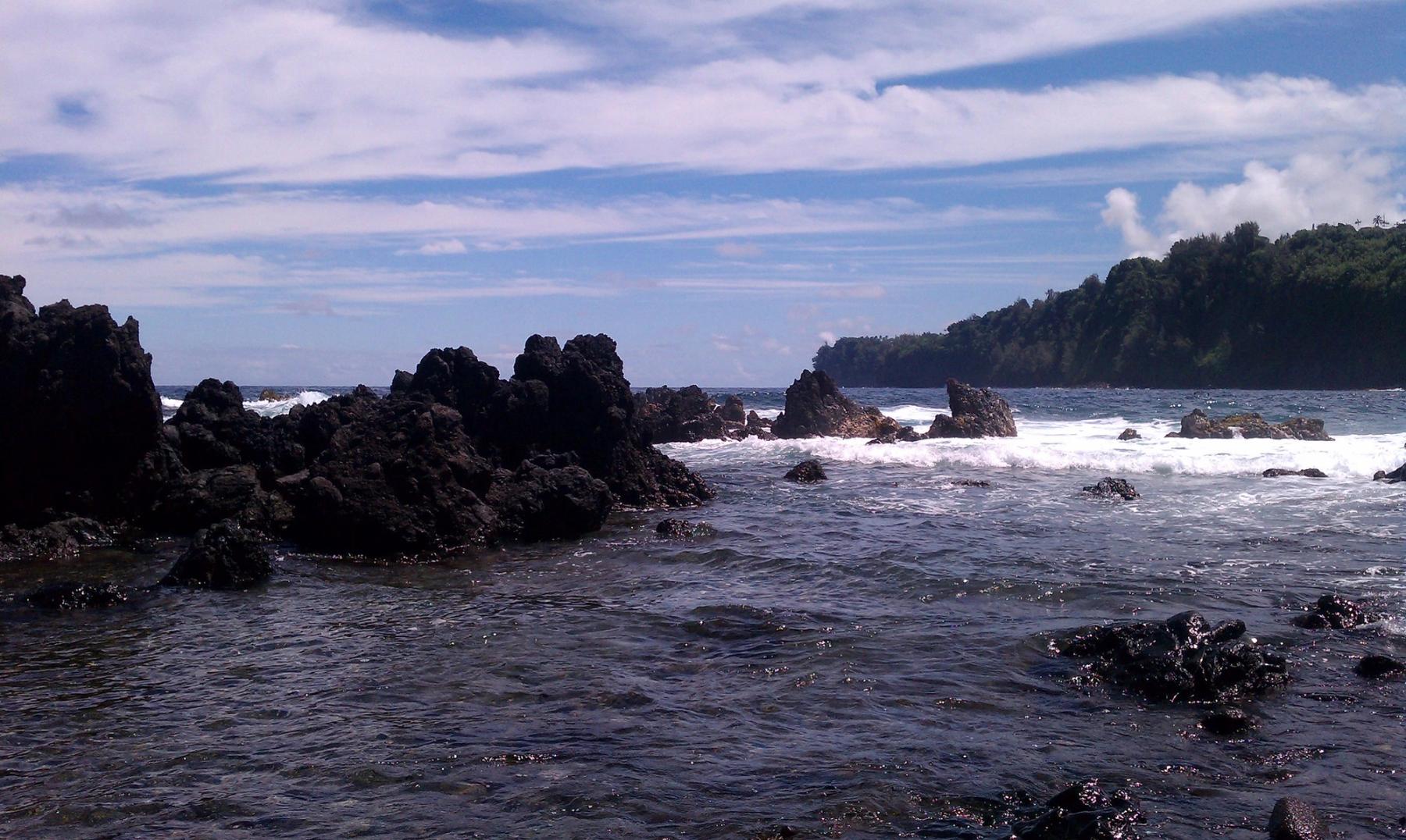 Black lava rocks along the Laupāhoehoe shoreline with waves breaking in the ocean and a forested headland under a partly cloudy sky.