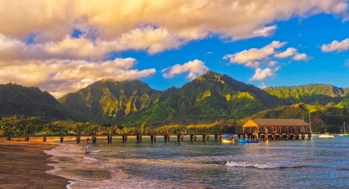 Hanalei Pier with a mountainous backdrop on the North Shore of Kaua'i