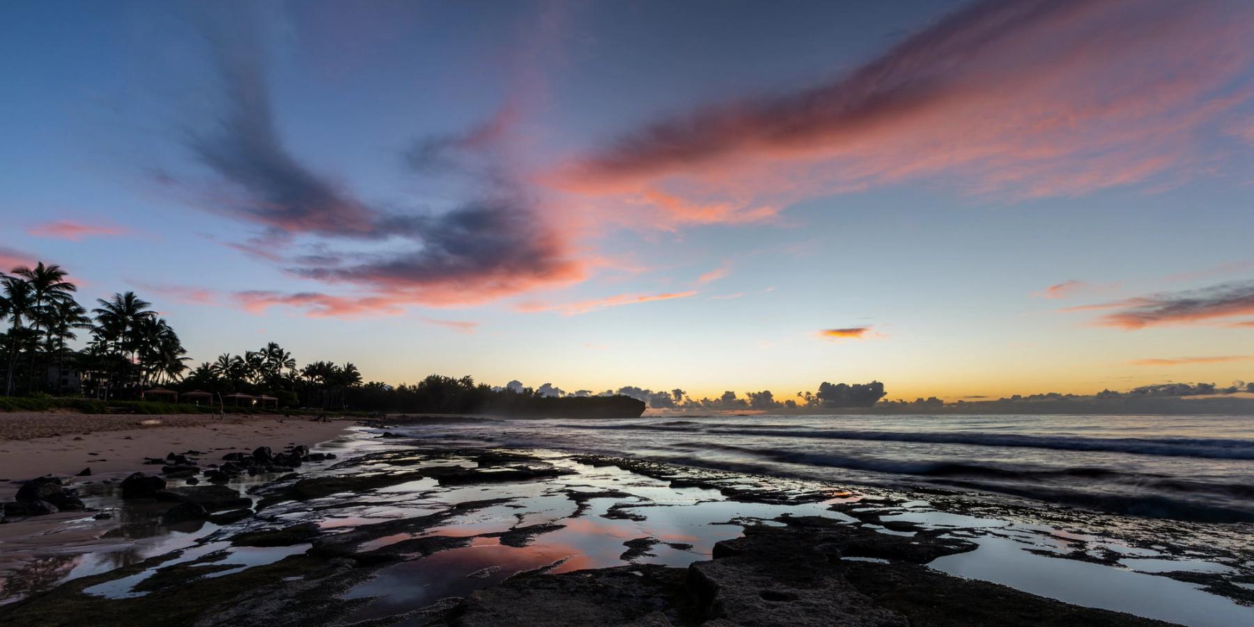Pastel sunrise over Shipwreck Beach with palm silhouettes and tidepool reflections across dark lava rock shelves