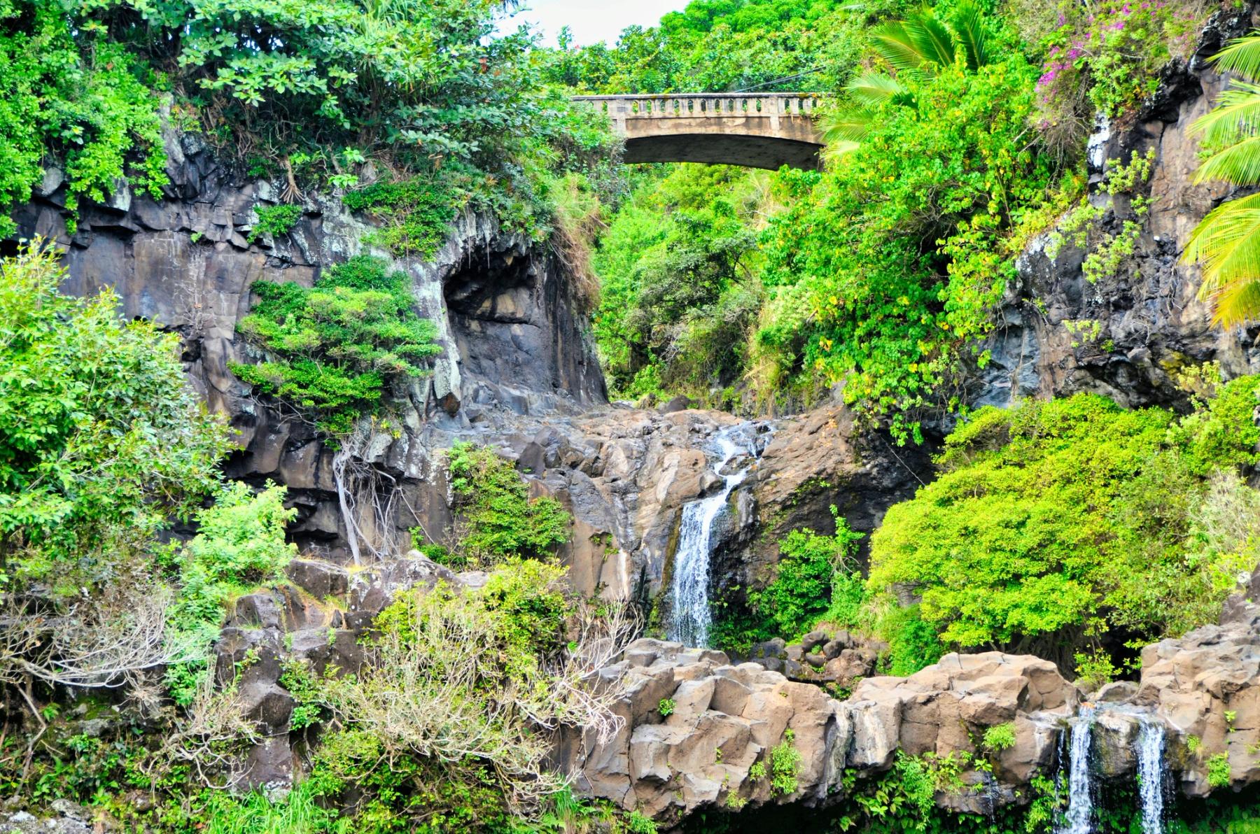 Small waterfalls tumble over rocky cliffs beneath a concrete bridge surrounded by dense green vegetation in Kīpahulu, Maui.