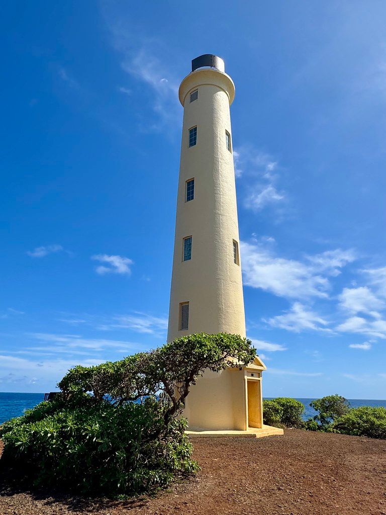 Cream-colored lighthouse shot from a low angle with coastal shrubs, blue ocean, and bright blue sky in the background.