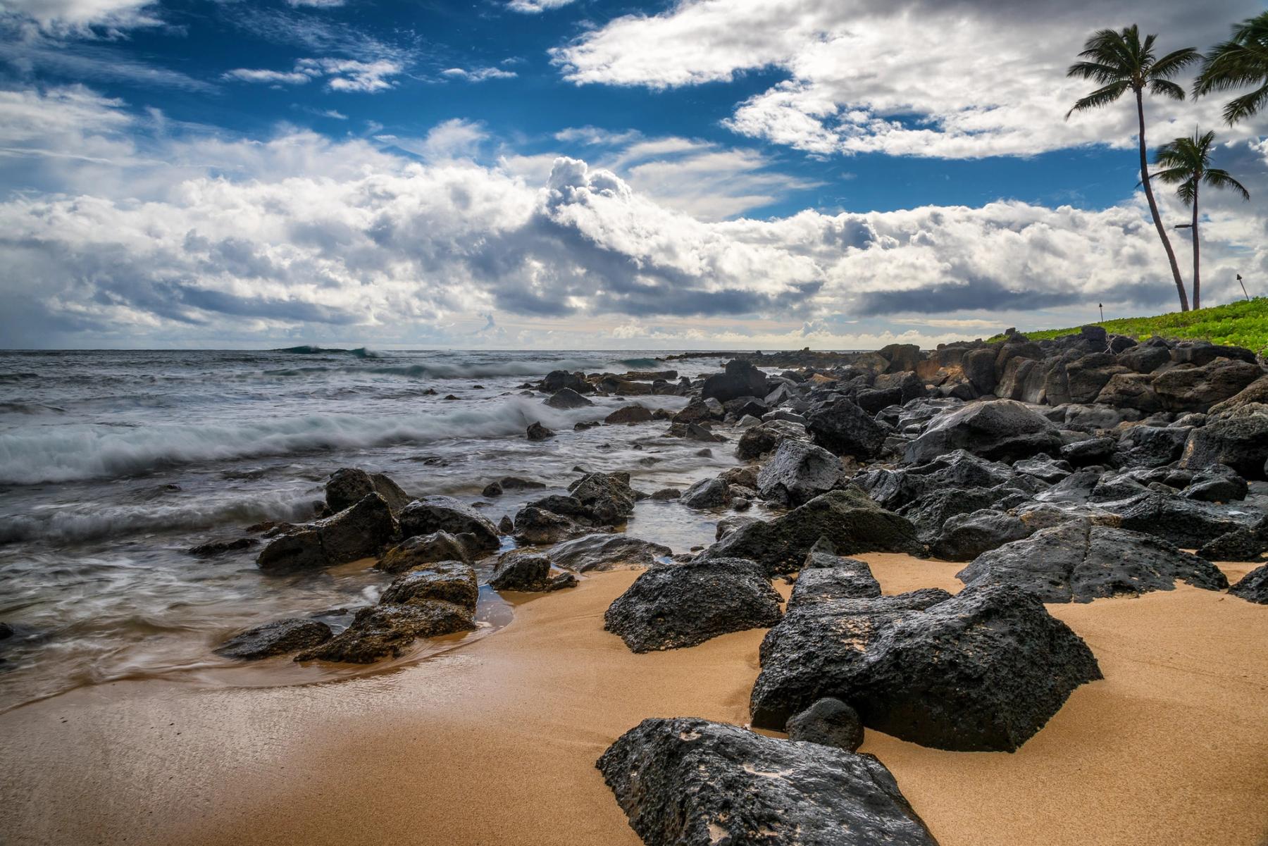 Black lava rocks scattered on golden sand with waves washing in under a dramatic cloud-filled sky and leaning palm trees in the distance