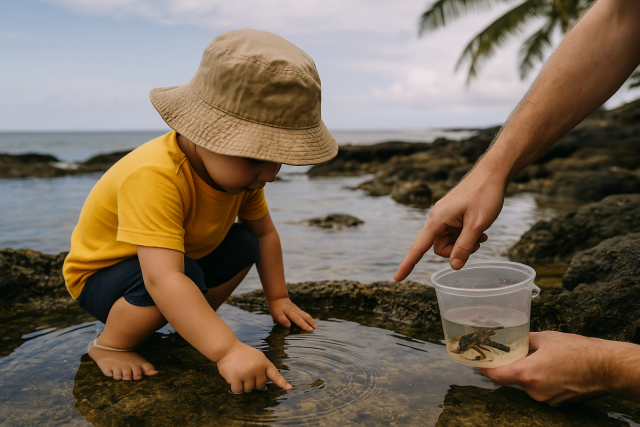 A toddler exploring a tidepool.