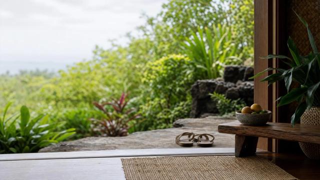 Open doorway overlooking lush tropical greenery, with sandals on a stone path and a wooden bench holding a bowl of citrus.
