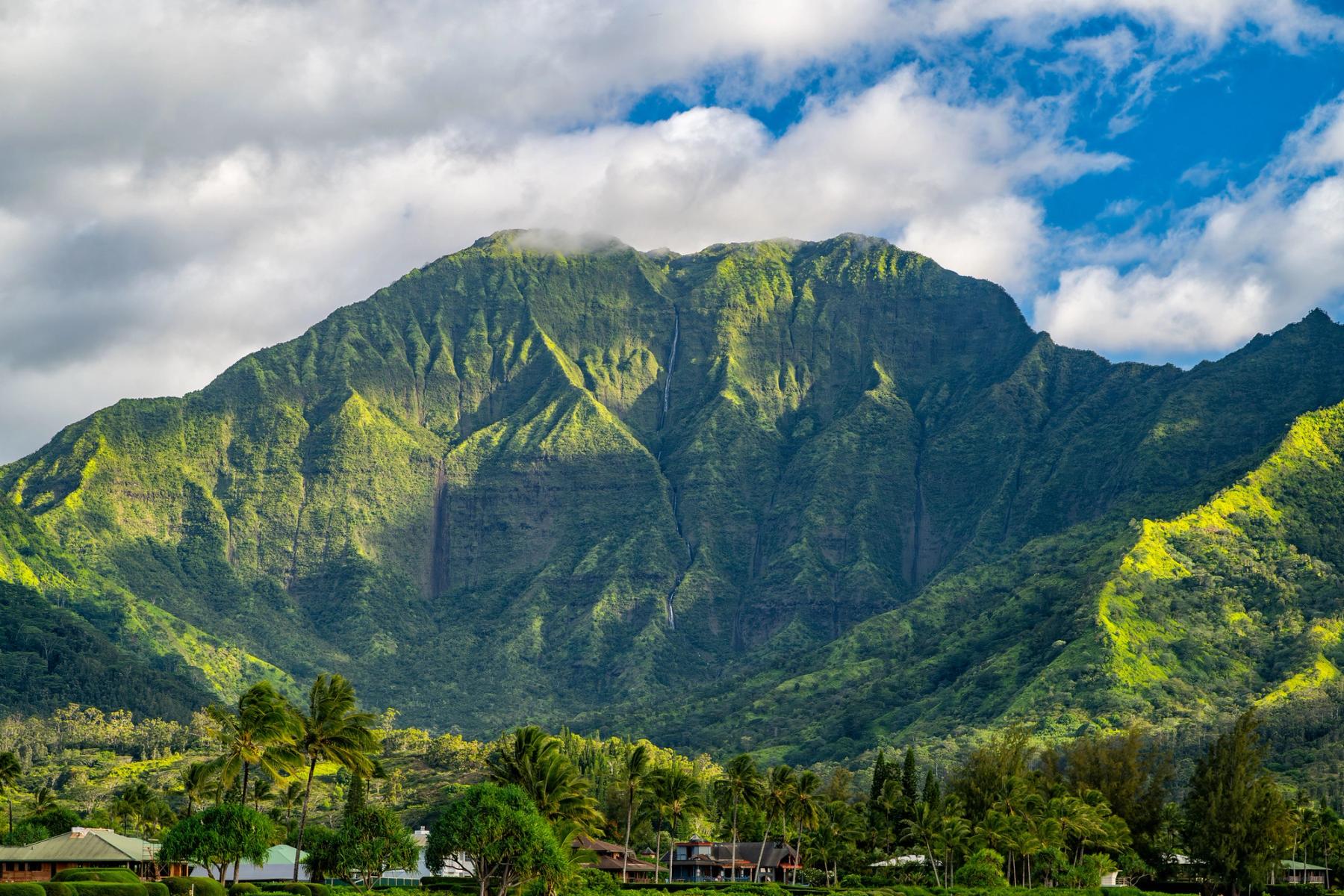 Sunlit green mountain ridges above Hanalei with thin waterfalls and palm trees under broken clouds