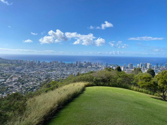 Honolulu and the ocean viewed from the green hillside at Tantalus Lookout.