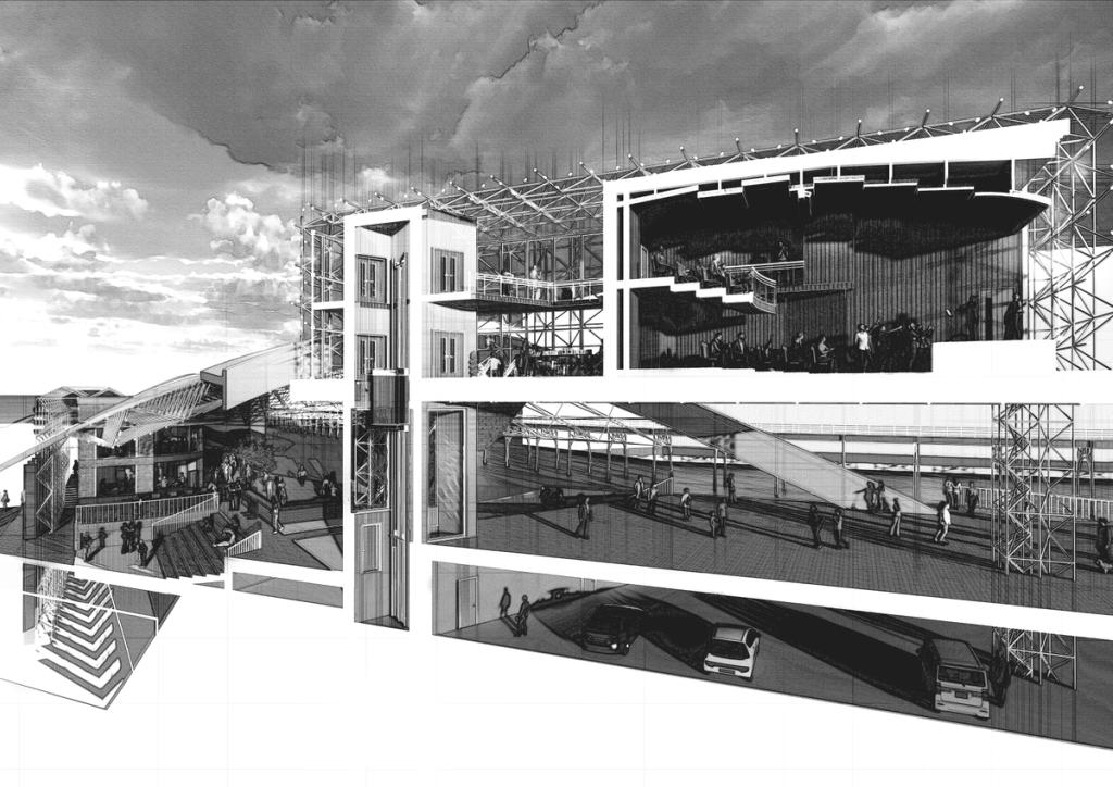 The perspective section reveals the integration of the elevated commercial building housing the main auditorium and merch store. Beneath, the promenade access remains uninterrupted, offering framed views through the structure. Existing car parking and public facilities below the promenade are preserved and seamlessly integrated into the proposed design.