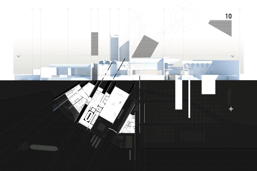 Hybrid drawing representing the geometries of the project's plan, overlayed below a water-front elevation of the building.