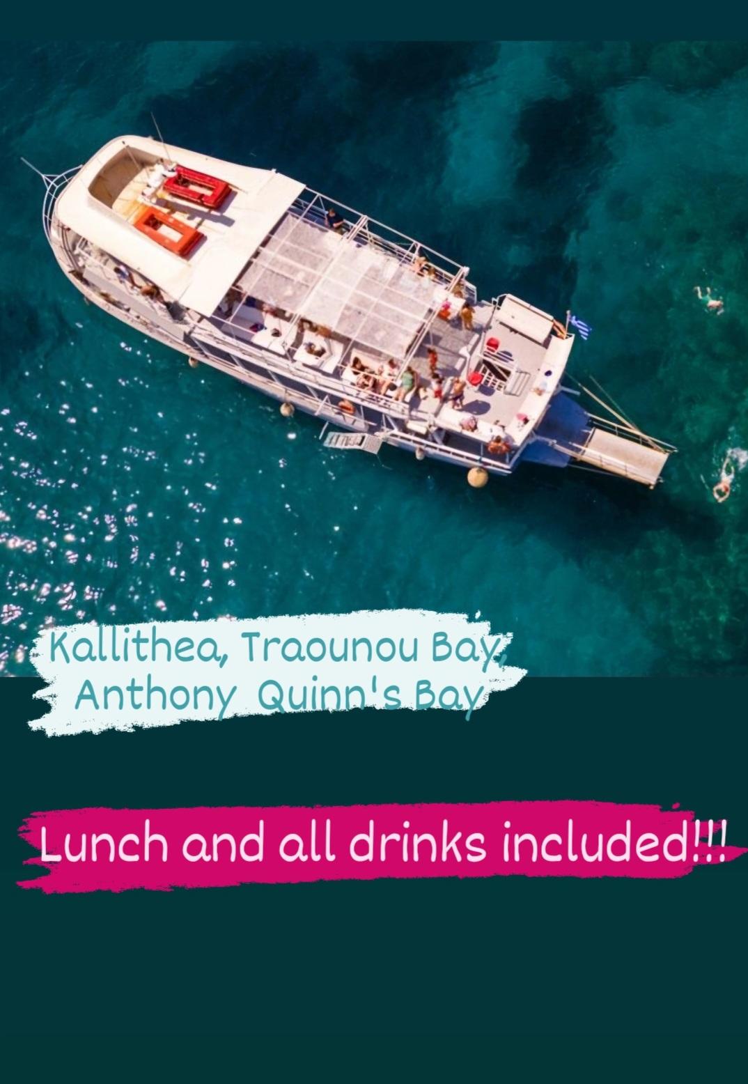 Original boat-trip promotional artwork: Kallithea, Traounou Bay and Anthony Quinn’s Bay; lunch and drinks included.