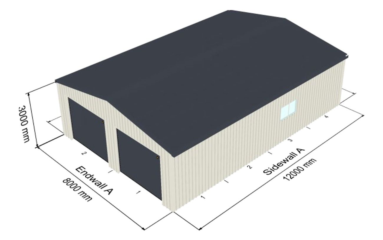 3D design of an 8m x 12m gable garage with two roller doors, Surfmist walls and an Ironstone roof