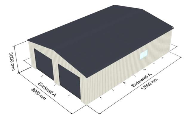 3D design of an 8m x 12m gable garage with two roller doors, Surfmist walls and an Ironstone roof