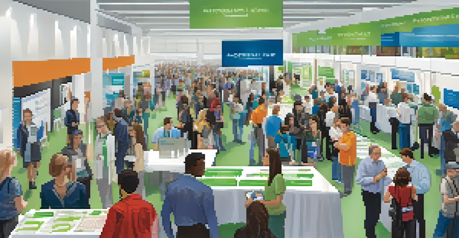 A bustling community career fair with attendees exploring biotechnology career opportunities at various booths.